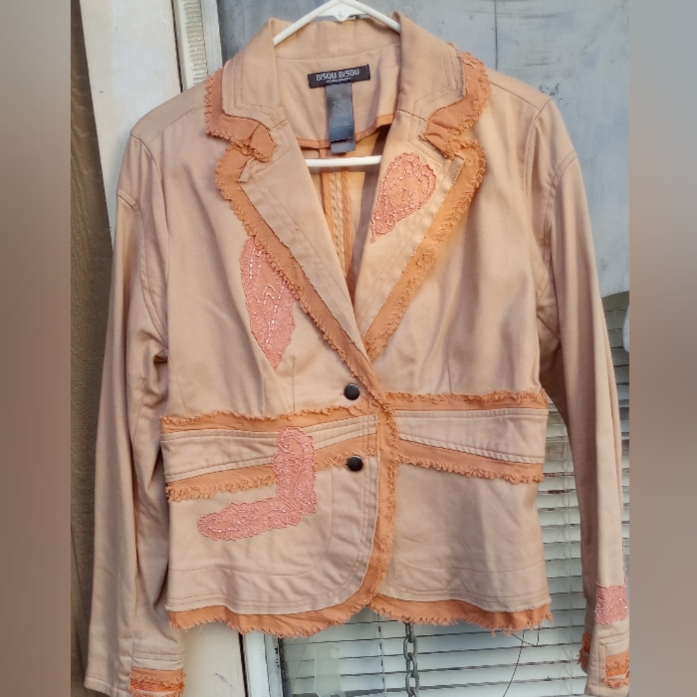 BISOU Bisou Michele Bohbot,Long Sleeve  Ruffle/Beaded Jacket Size-10
